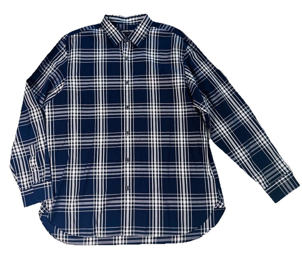 Michael Kors Mens Navy Plaid Long Sleeve Button Down Shirt XL Preppy Office